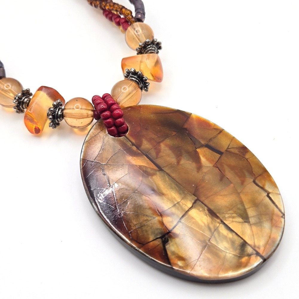 Boho Statement Pendant Necklace‎ Multi Strand Beaded Earth Tones - Picture 3 of 5